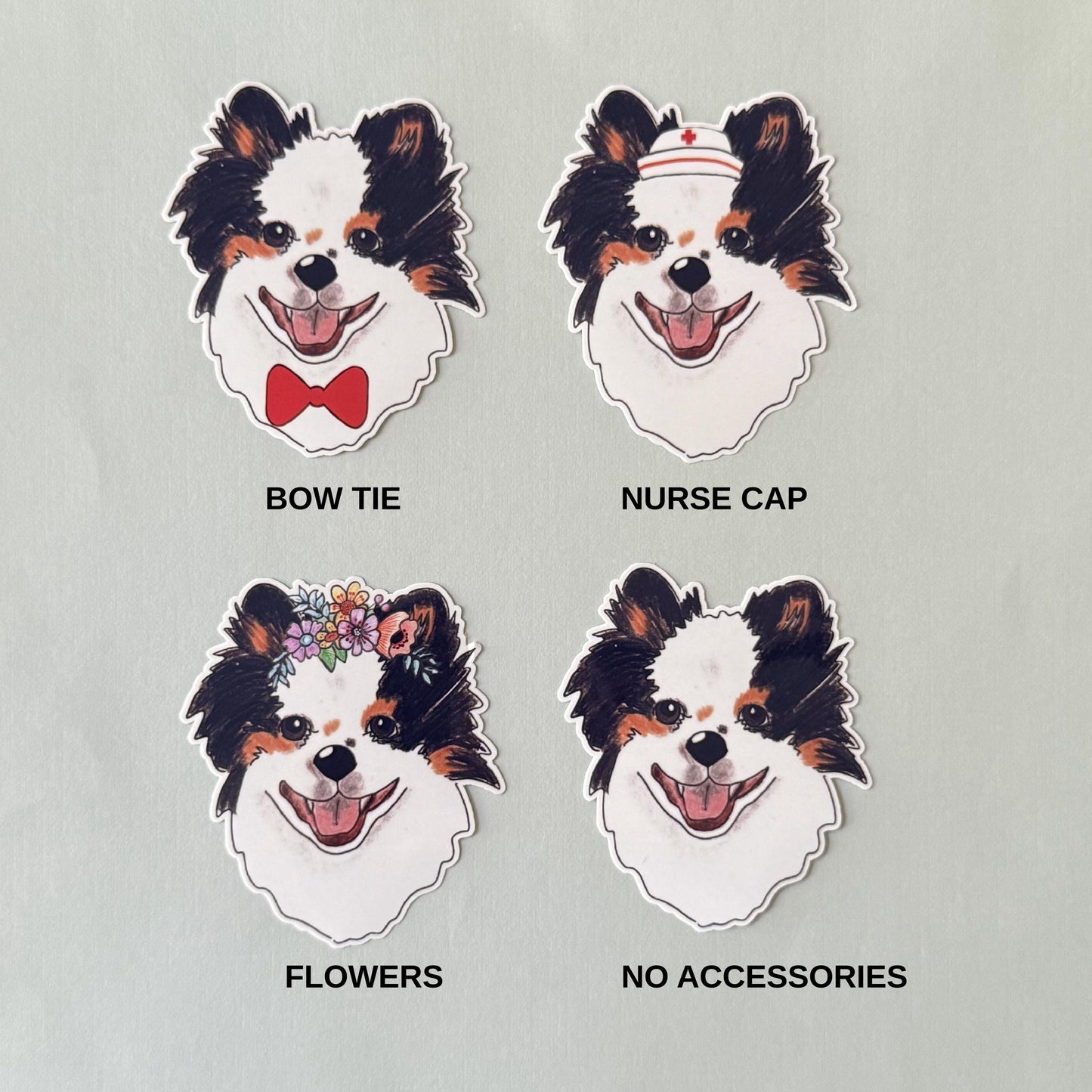 Tricolor Pomeranian Dog Sticker: Hand-Drawn Vinyl Decal, Floral/Bow Tie