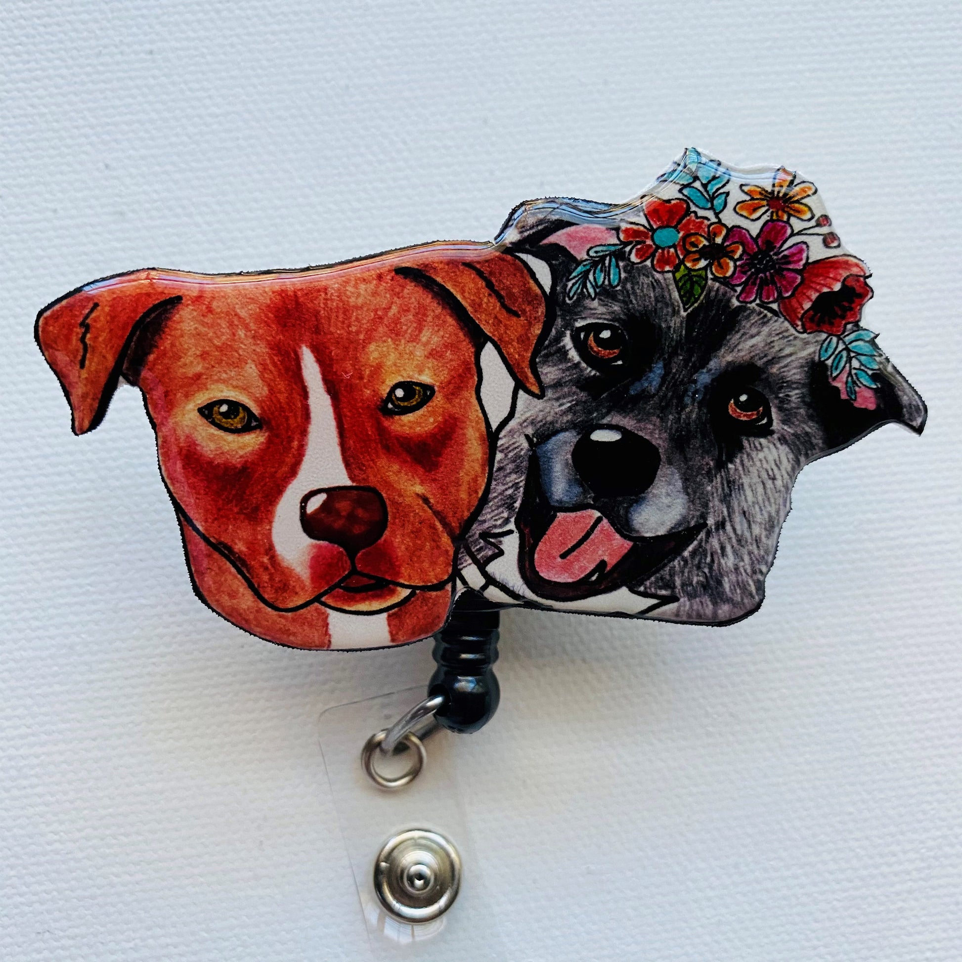 Custom 2 Pets Badge Reel: Hand-Drawn Pet Portrait - Vet Tech Gift