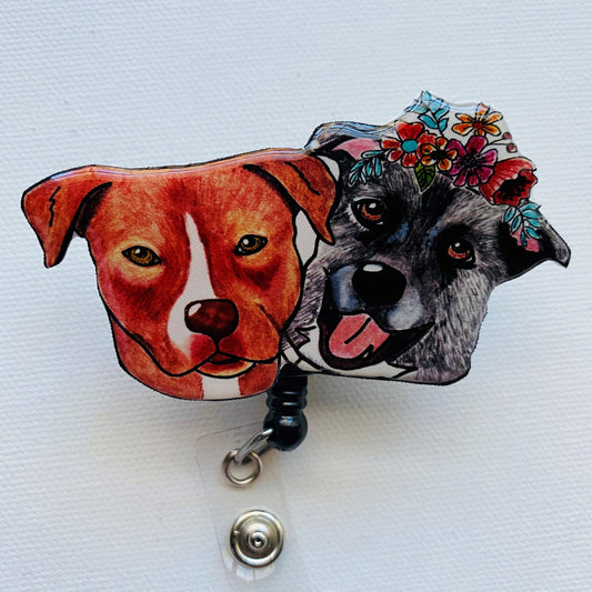 Custom 2 Dogs Badge Reel: Hand-Drawn Pet Portrait, Nurse Gift