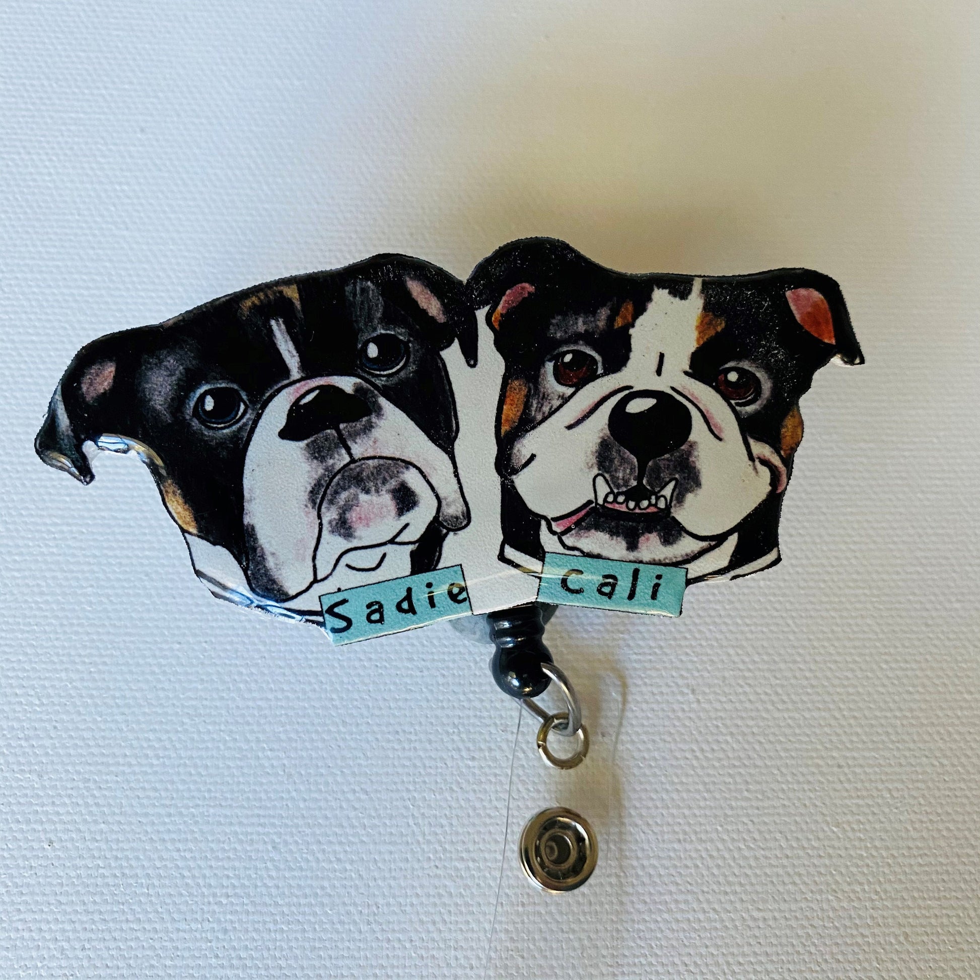 Custom 2 Dogs Badge Reel: Hand-Drawn Pet Portrait, Nurse Gift