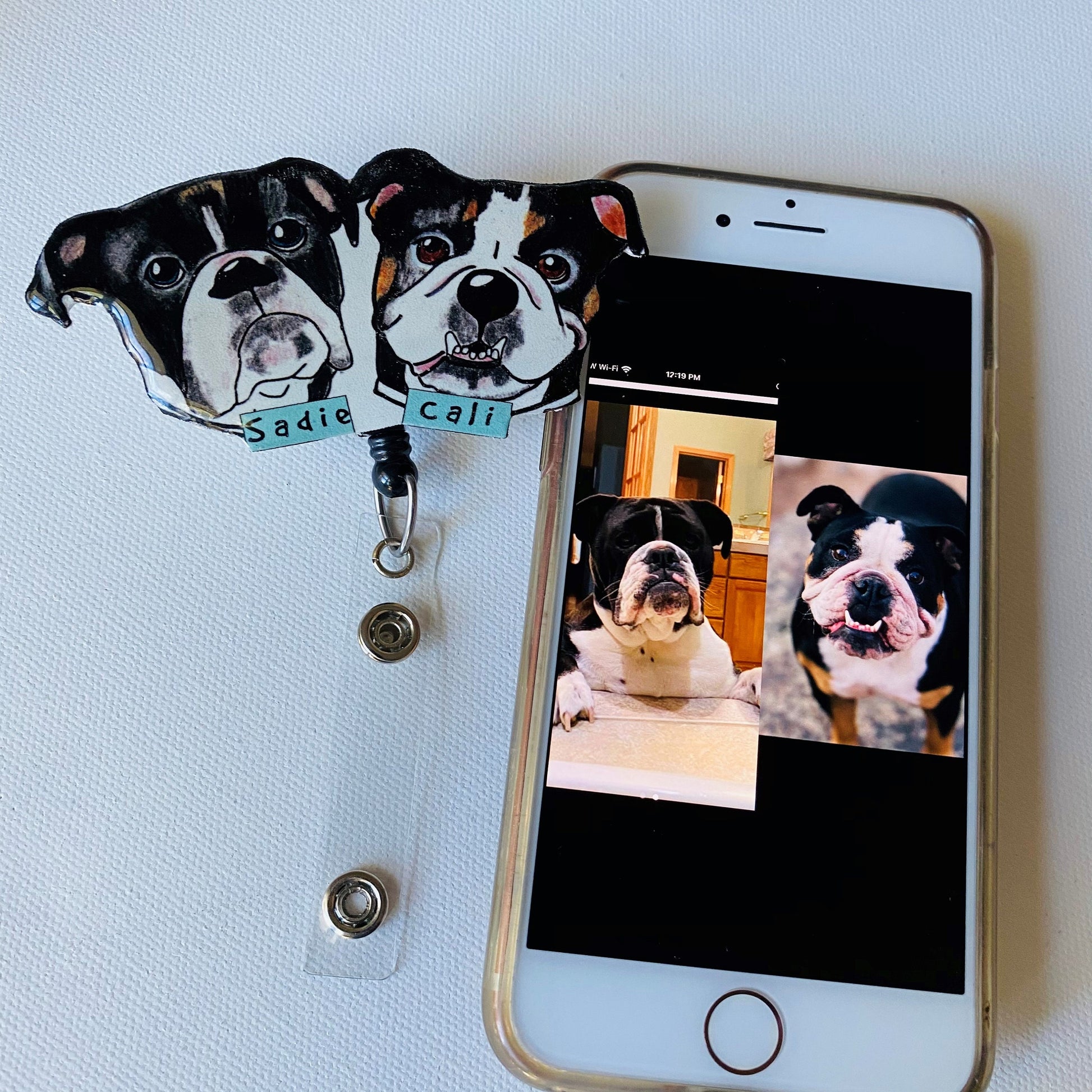 Custom 2 Dogs Badge Reel: Hand-Drawn Pet Portrait, Nurse Gift