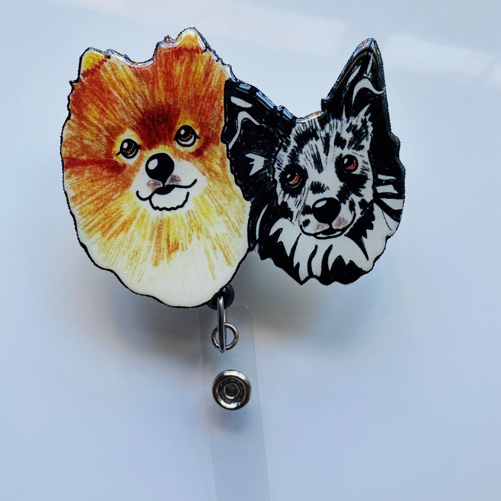 Custom 2 Pets Badge Reel: Hand-Drawn Pet Portrait - Vet Tech Gift
