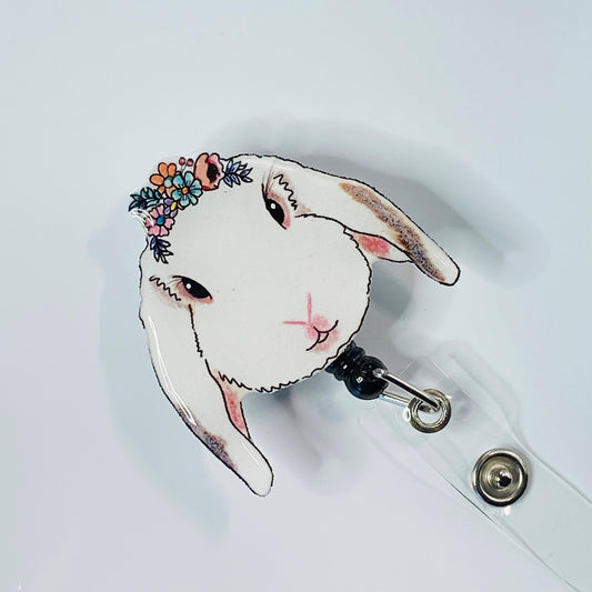 Bunny Badge Reel with Flowers: Nurse/Vet Tech Gift