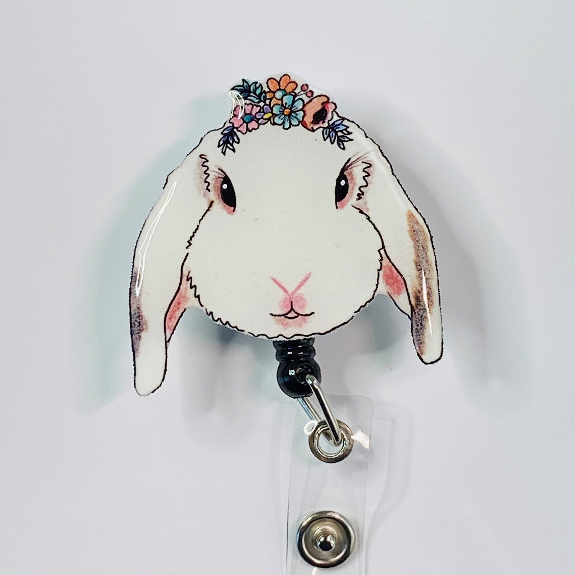 Bunny Badge Reel with Flowers: Nurse/Vet Tech Gift