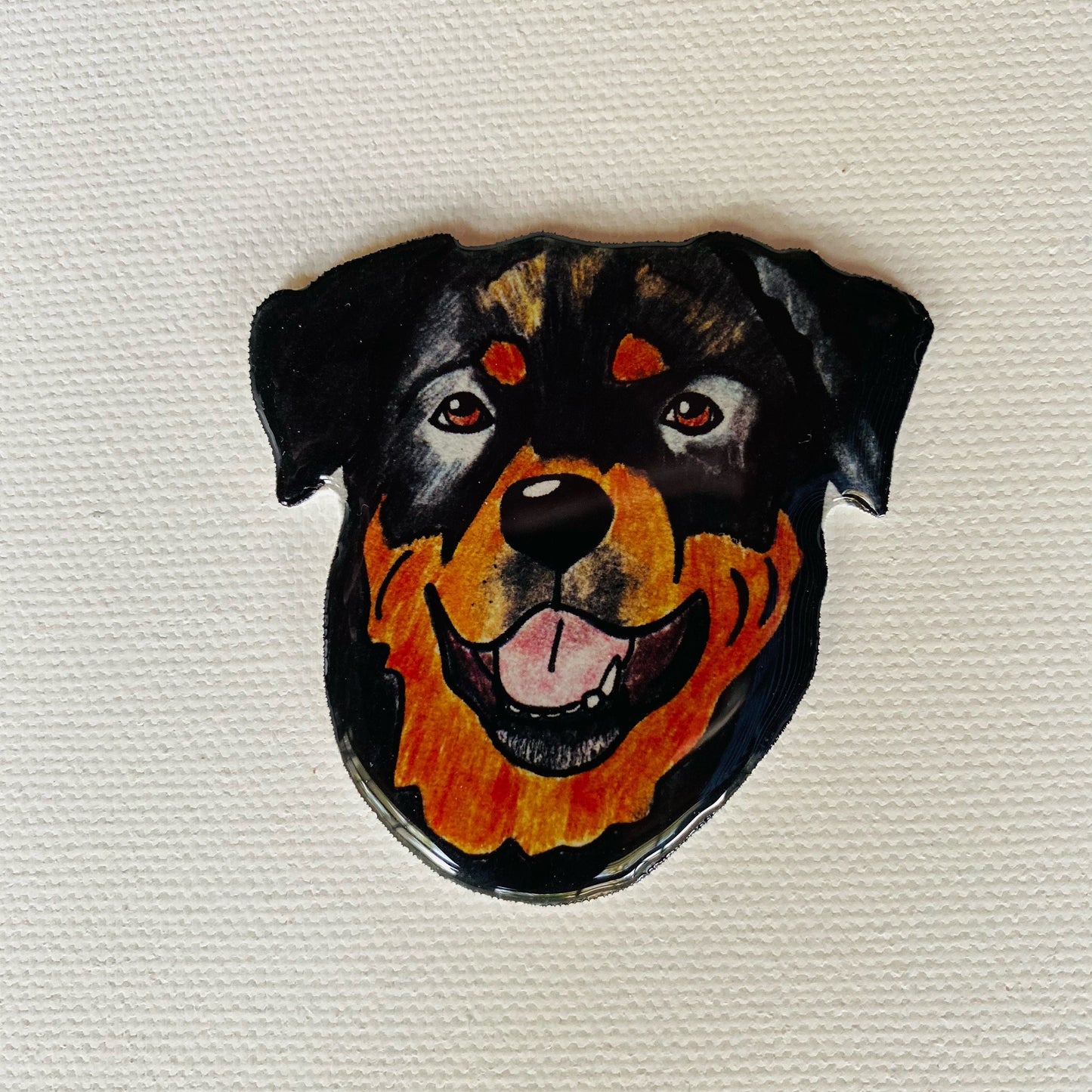 Hand-Drawn Rottweiler Pin: Glossy Resin Wearable Art