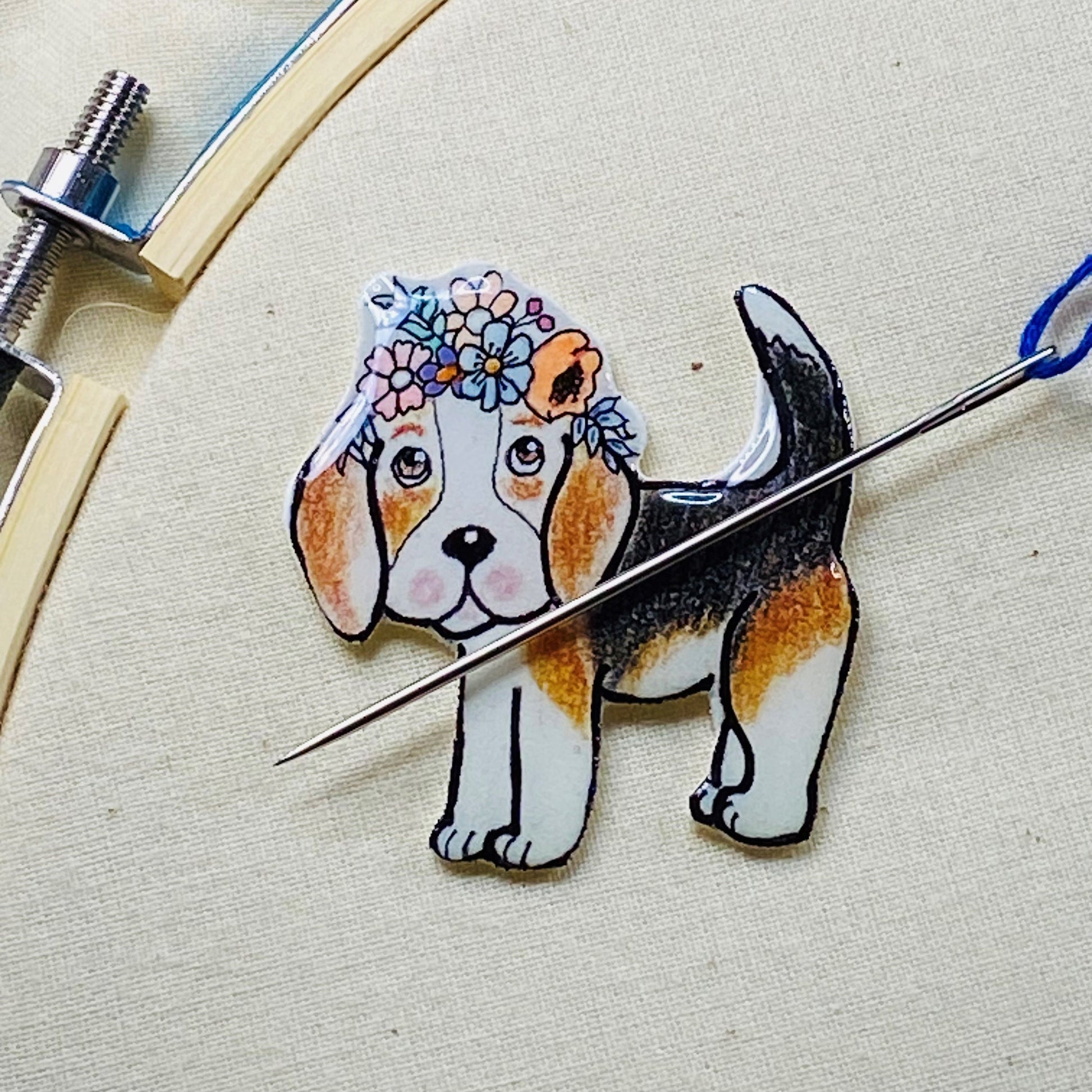 Beagle Needle Minder with Flowers: Cross Stitch Embroidery Magnet