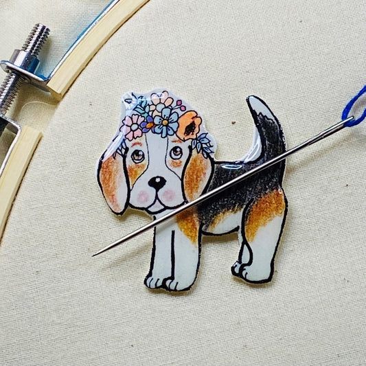 Beagle Needle Minder with Flowers: Cross Stitch Embroidery Magnet