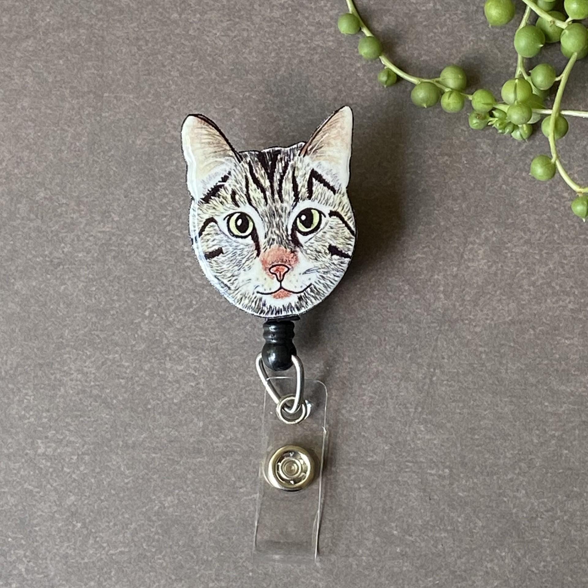 Custom Cat Portrait Badge Reel: Personalized Pet ID