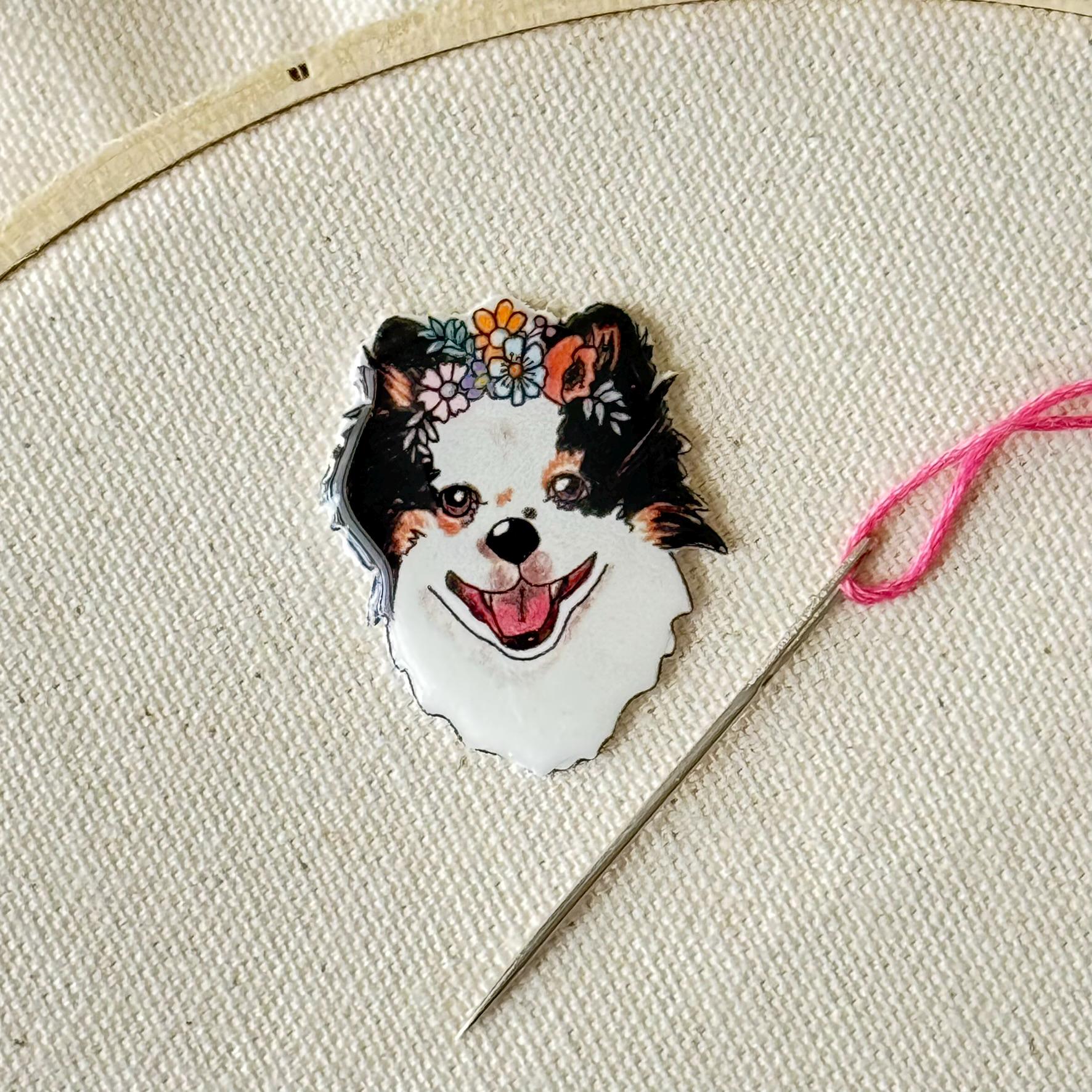 Tricolor Pomeranian Needle Minder: Handmade Dog Lover Sewing Tool