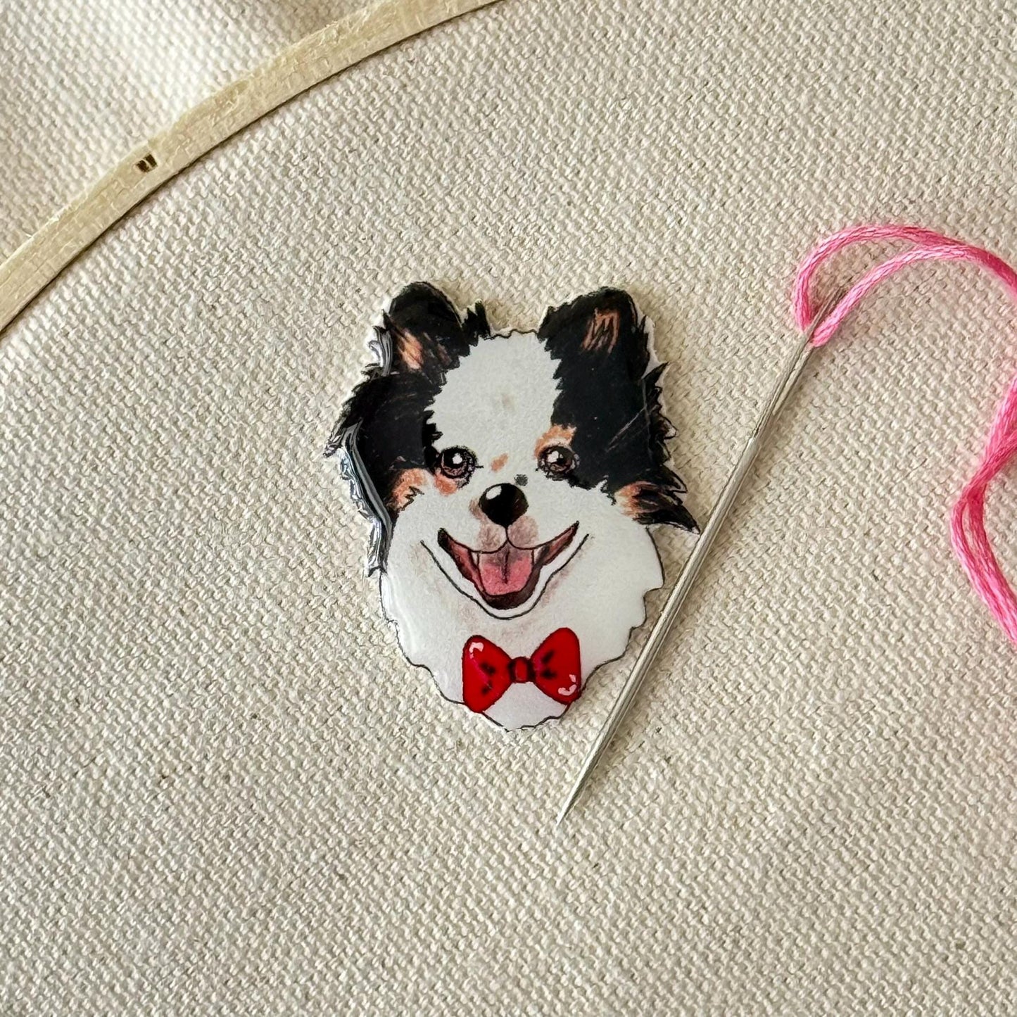 Tricolor Pomeranian Needle Minder: Handmade Dog Lover Sewing Tool