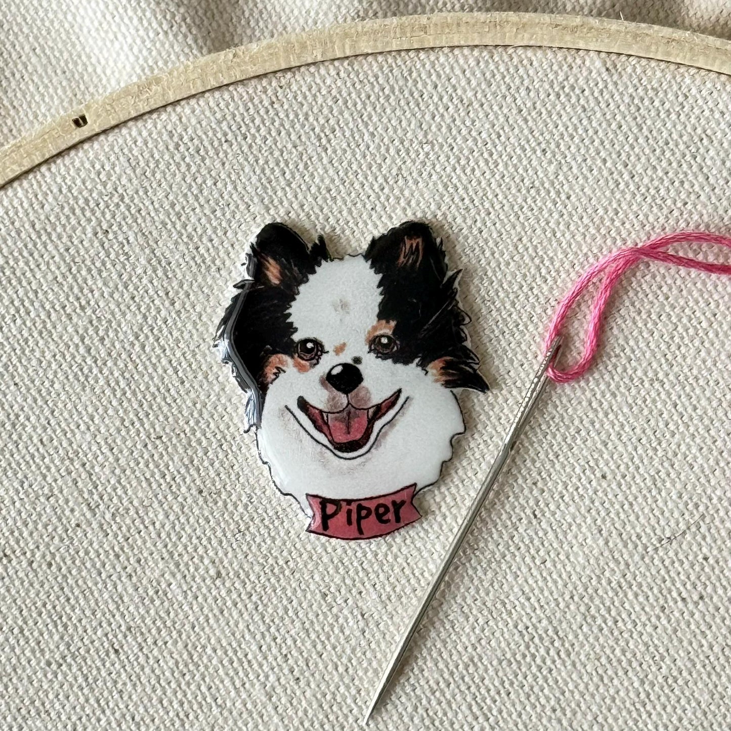 Tricolor Pomeranian Needle Minder: Handmade Dog Lover Sewing Tool