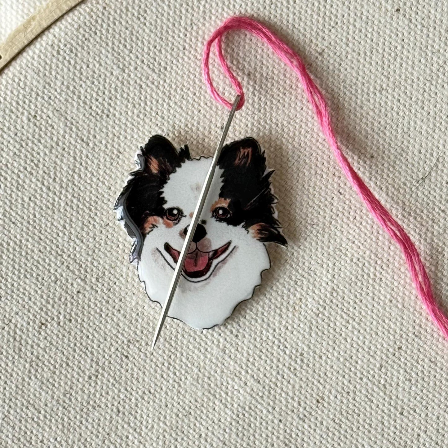 Tricolor Pomeranian Needle Minder: Handmade Dog Lover Sewing Tool