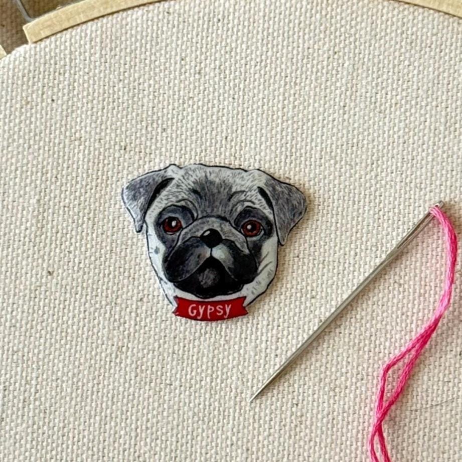 Pug Needle Minder: Handmade Embroidery Tool, Sewing Clip, Dog Lover Gift