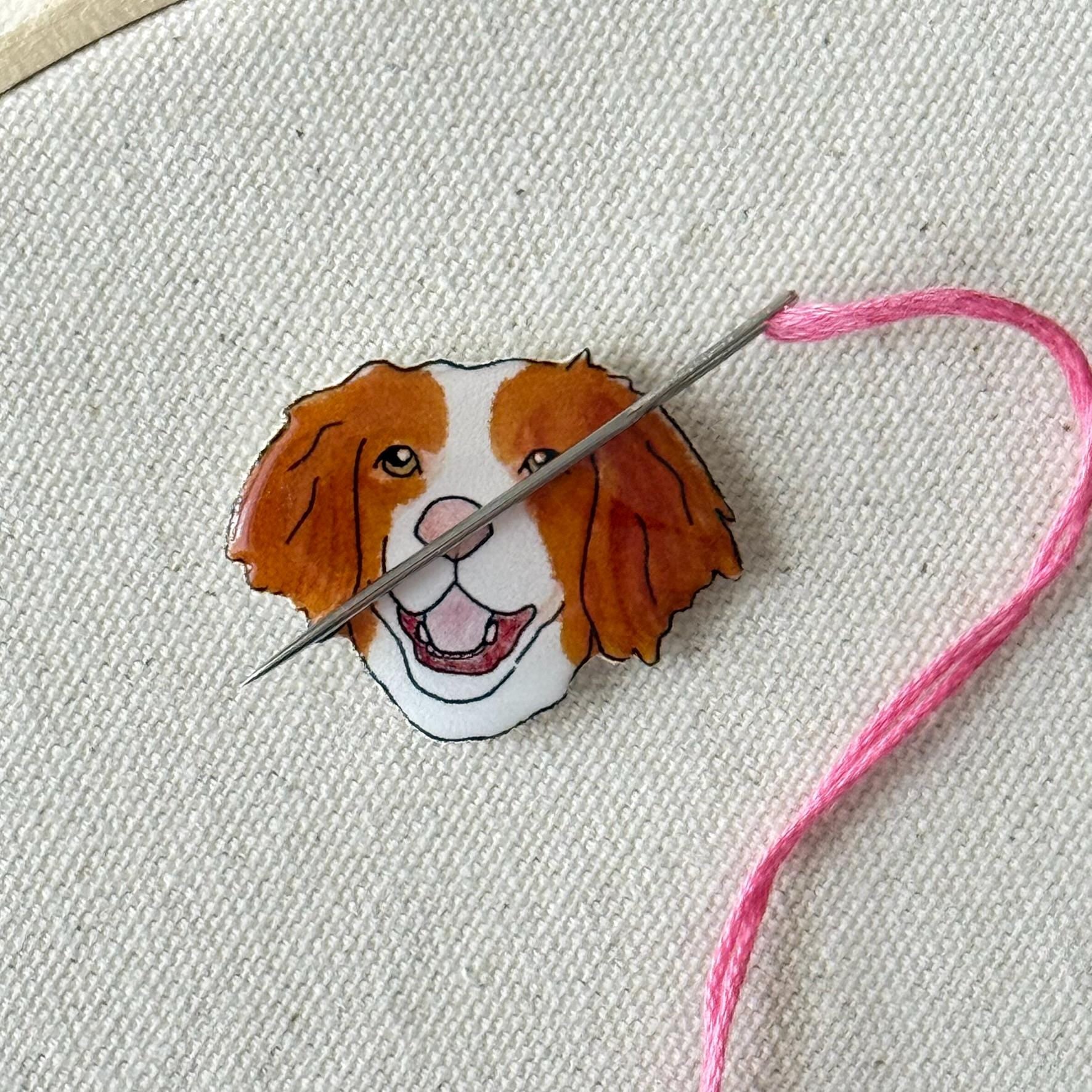 Brittany Spaniel Needle Minder: Handmade Embroidery Tool, Dog Lover Gift
