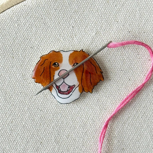 Brittany Spaniel Needle Minder: Handmade Embroidery Tool, Dog Lover Gift