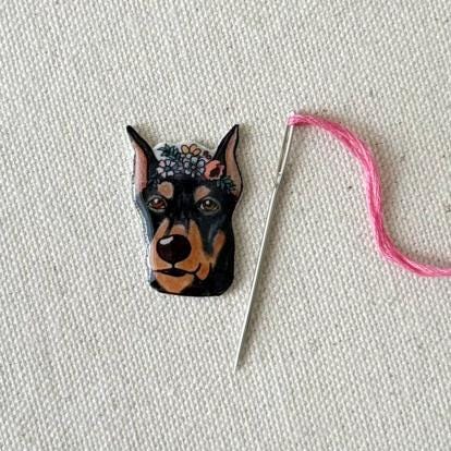 Doberman Needle Minder: Handmade Embroidery Tool, Dog Lover Gift