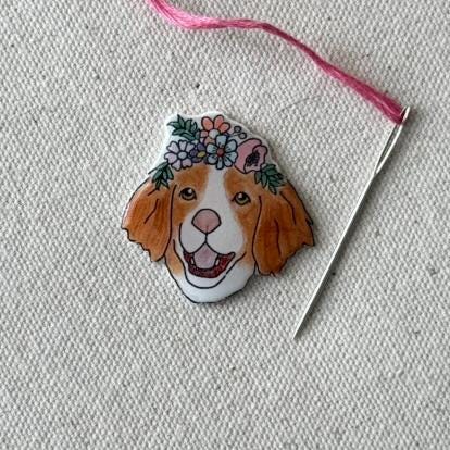 Brittany Spaniel Needle Minder: Handmade Embroidery Tool, Dog Lover Gift