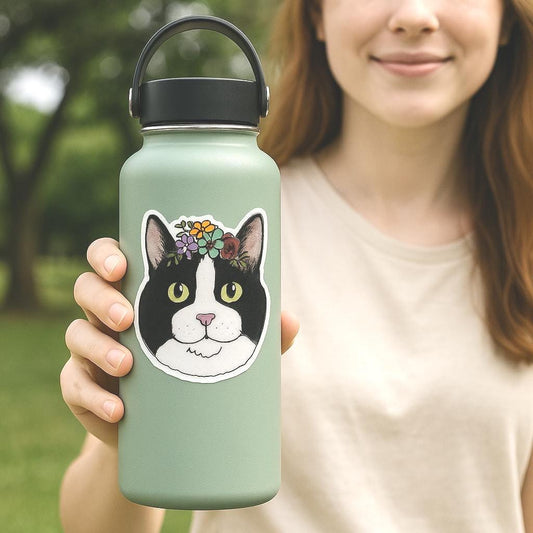 Tuxedo Cat Sticker: Floral Laptop Decal, Cat Lover Gift