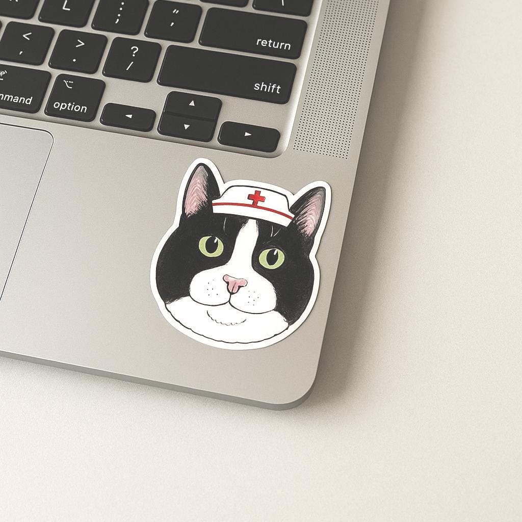 Tuxedo Cat Sticker: Floral Laptop Decal, Cat Lover Gift