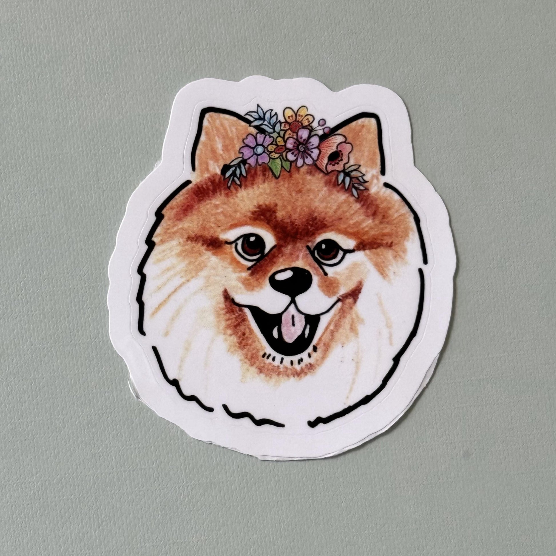 Pomeranian Dog Sticker: Hand-Drawn Vinyl Decal with Floral/Bow Tie
