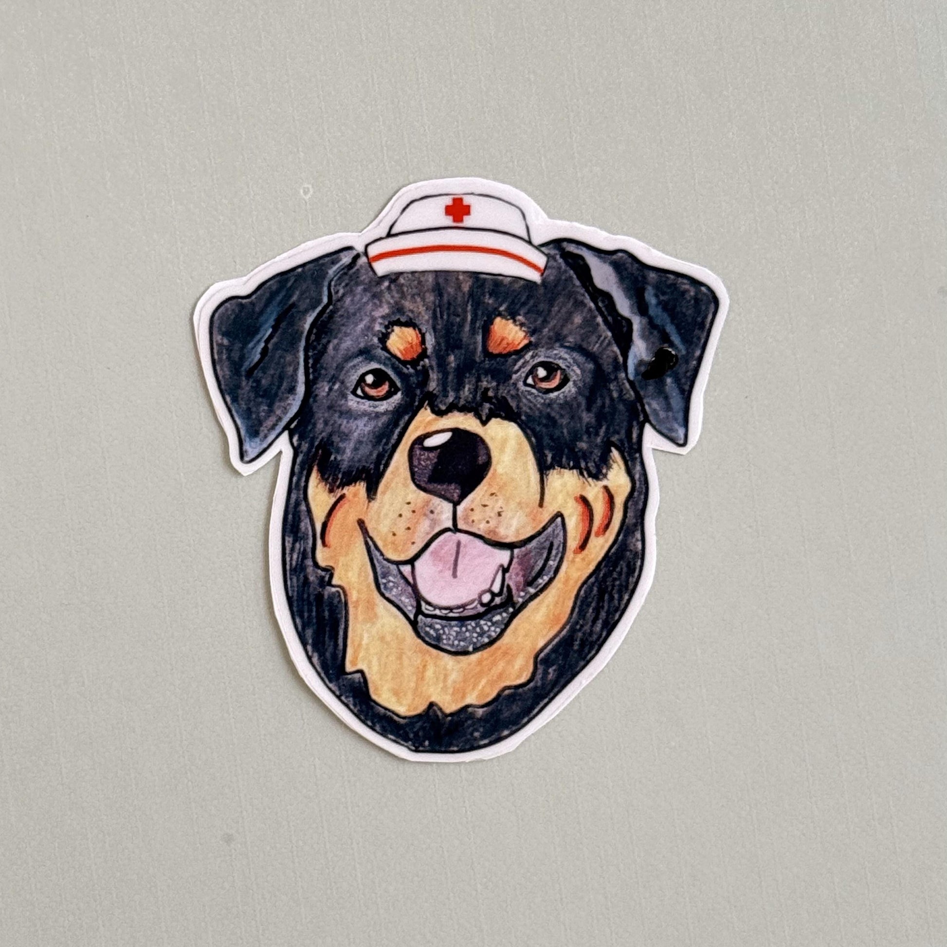 Rottweiler Dog Sticker: Hand-Drawn Vinyl Decal with Nurse Cap