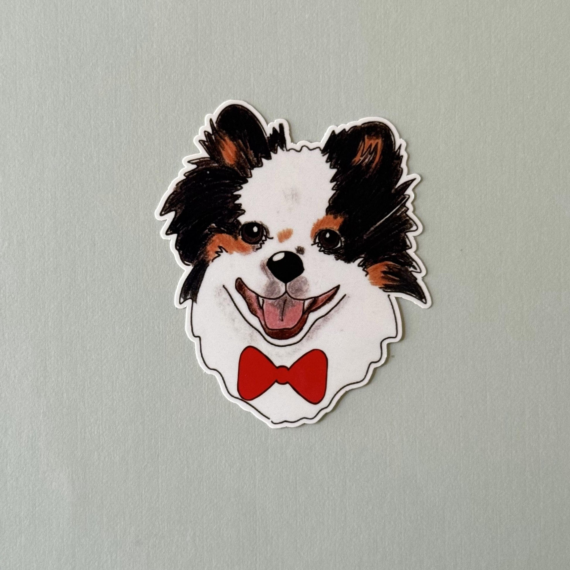 Tricolor Pomeranian Dog Sticker: Hand-Drawn Vinyl Decal, Floral/Bow Tie