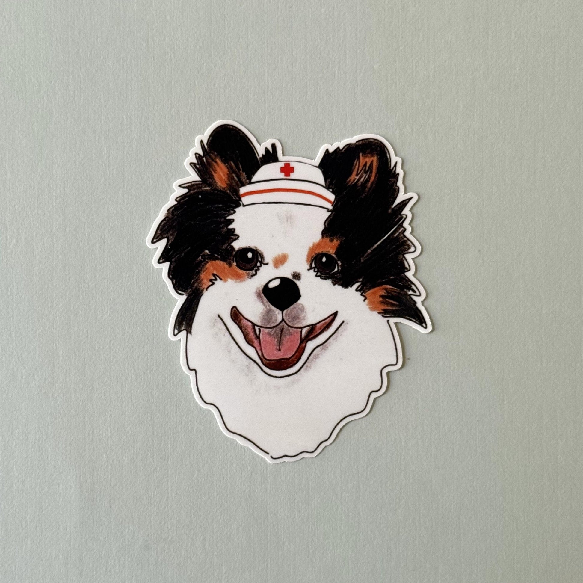 Tricolor Pomeranian Dog Sticker: Hand-Drawn Vinyl Decal, Floral/Bow Tie