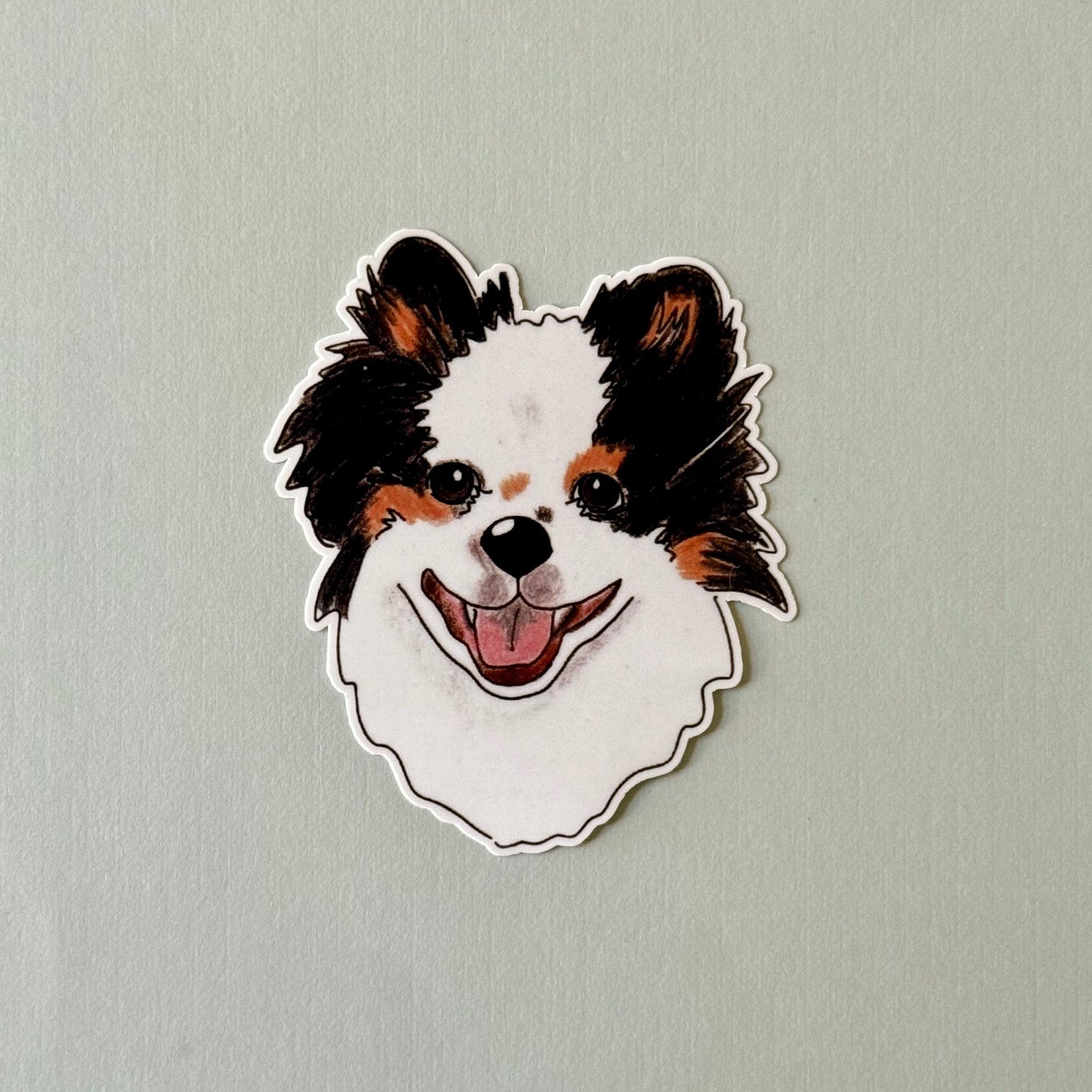 Tricolor Pomeranian Dog Sticker: Hand-Drawn Vinyl Decal, Floral/Bow Tie