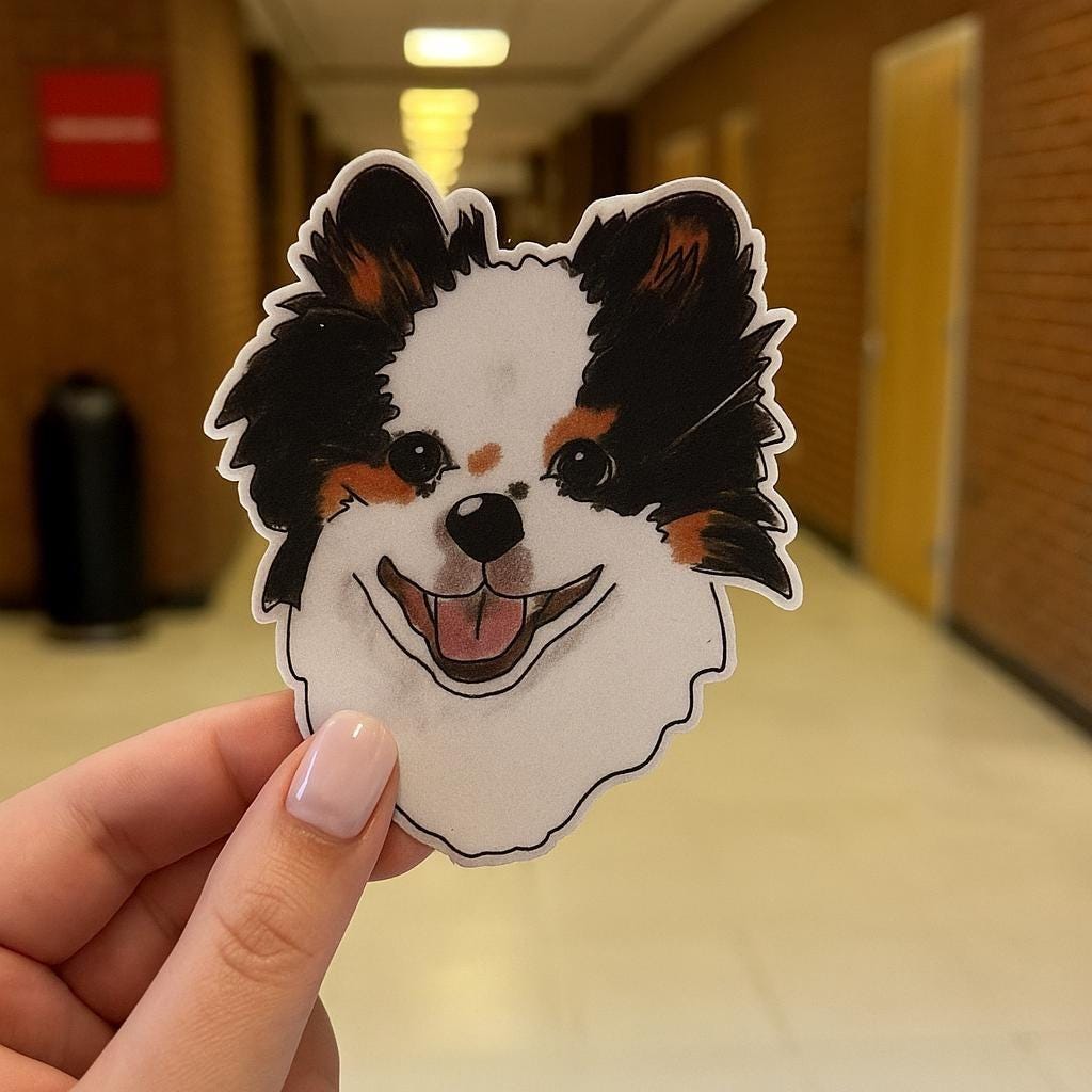 Tricolor Pomeranian Dog Sticker: Hand-Drawn Vinyl Decal, Floral/Bow Tie