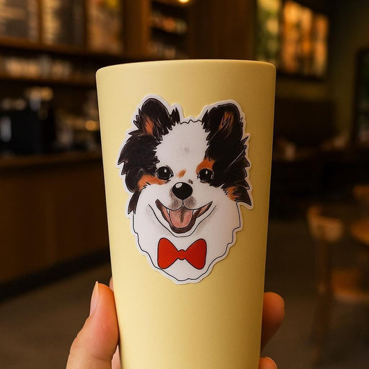 Tricolor Pomeranian Dog Sticker: Hand-Drawn Vinyl Decal, Floral/Bow Tie