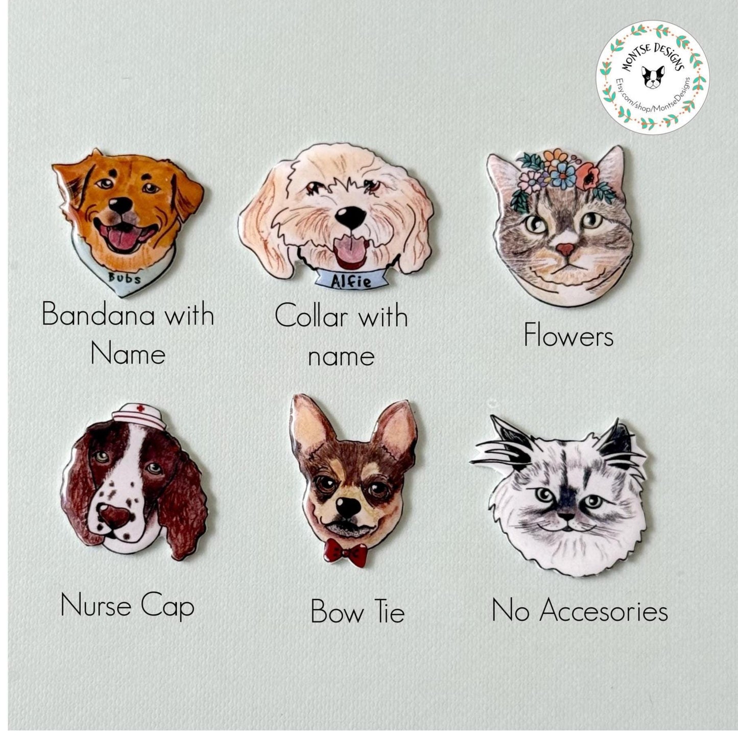 Custom Pet Portrait Pin:  Hand made  Dog or Cat Memorial Brooch