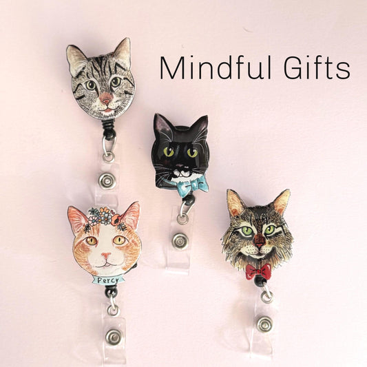 Custom Cat Portrait Badge Reel: Personalized Pet ID