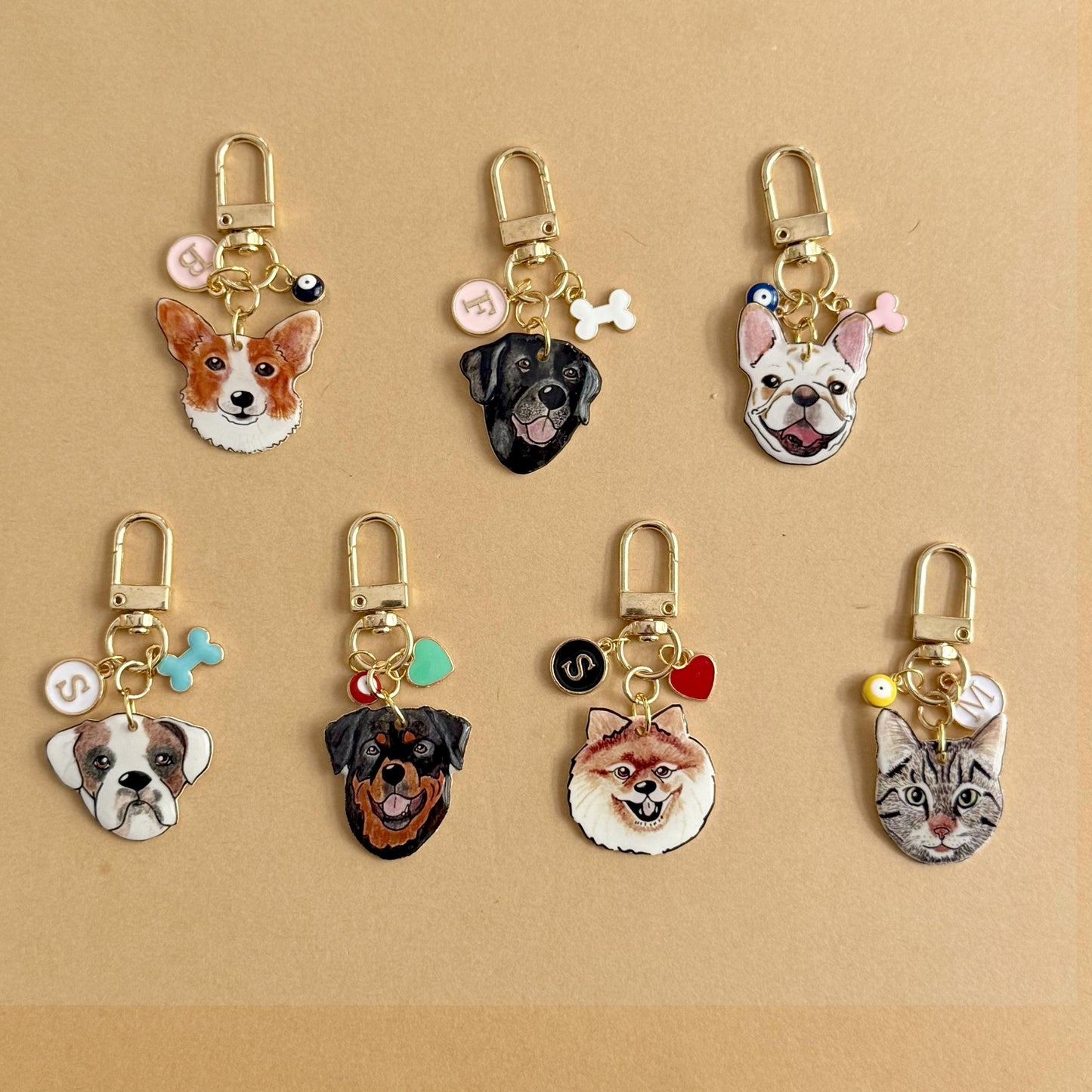 Custom Pet Portrait Short Keychain: Dog Illustration, Initial Charm, Pet Memorial Gift