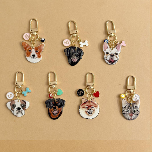 Custom Pet Portrait Short Keychain: Dog Illustration, Initial Charm, Pet Memorial Gift