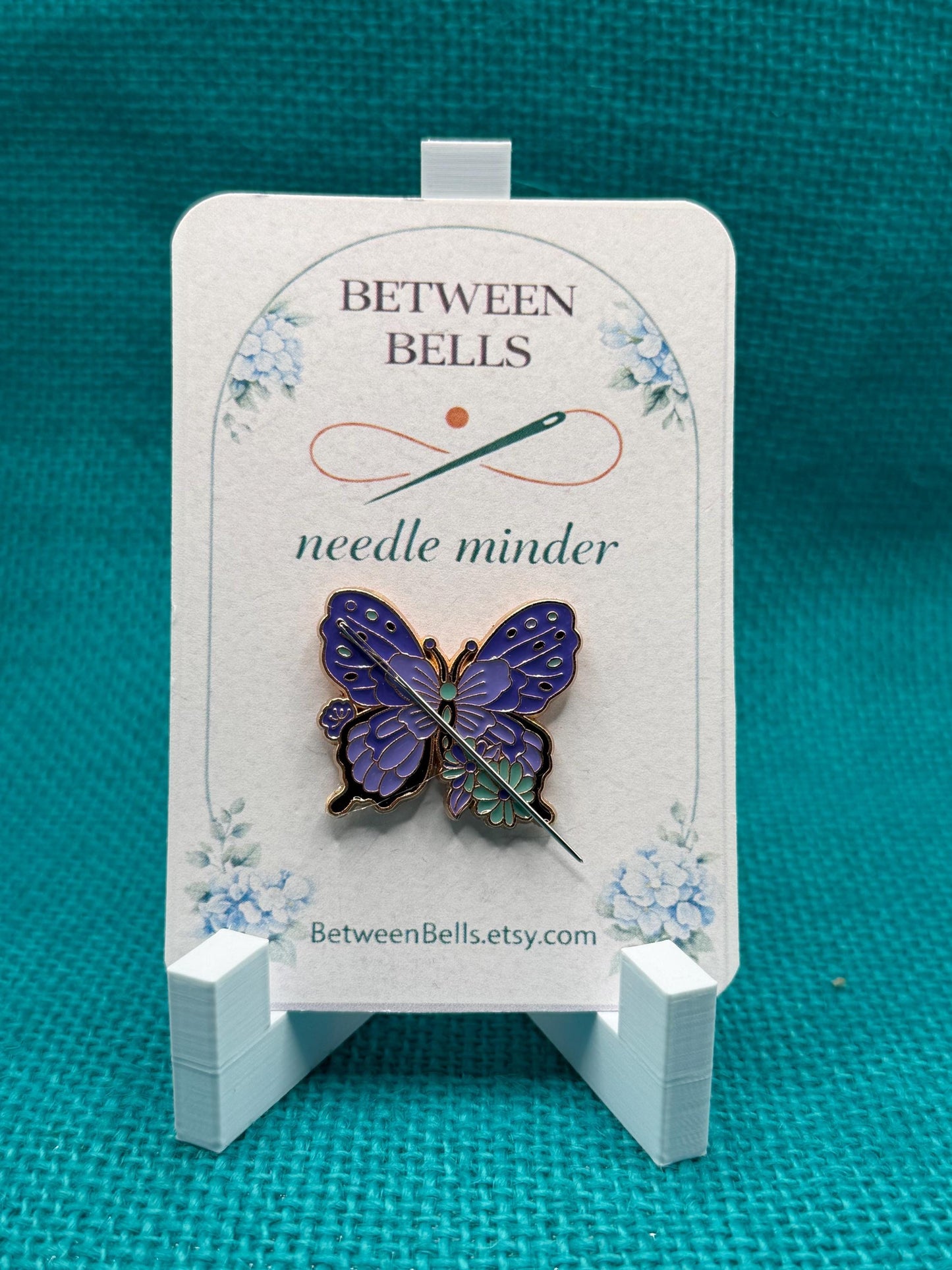 Purple and Teal Butterfly Needle Minder for Needlepoint, Cross Stitch, Embroidery and Sewing
