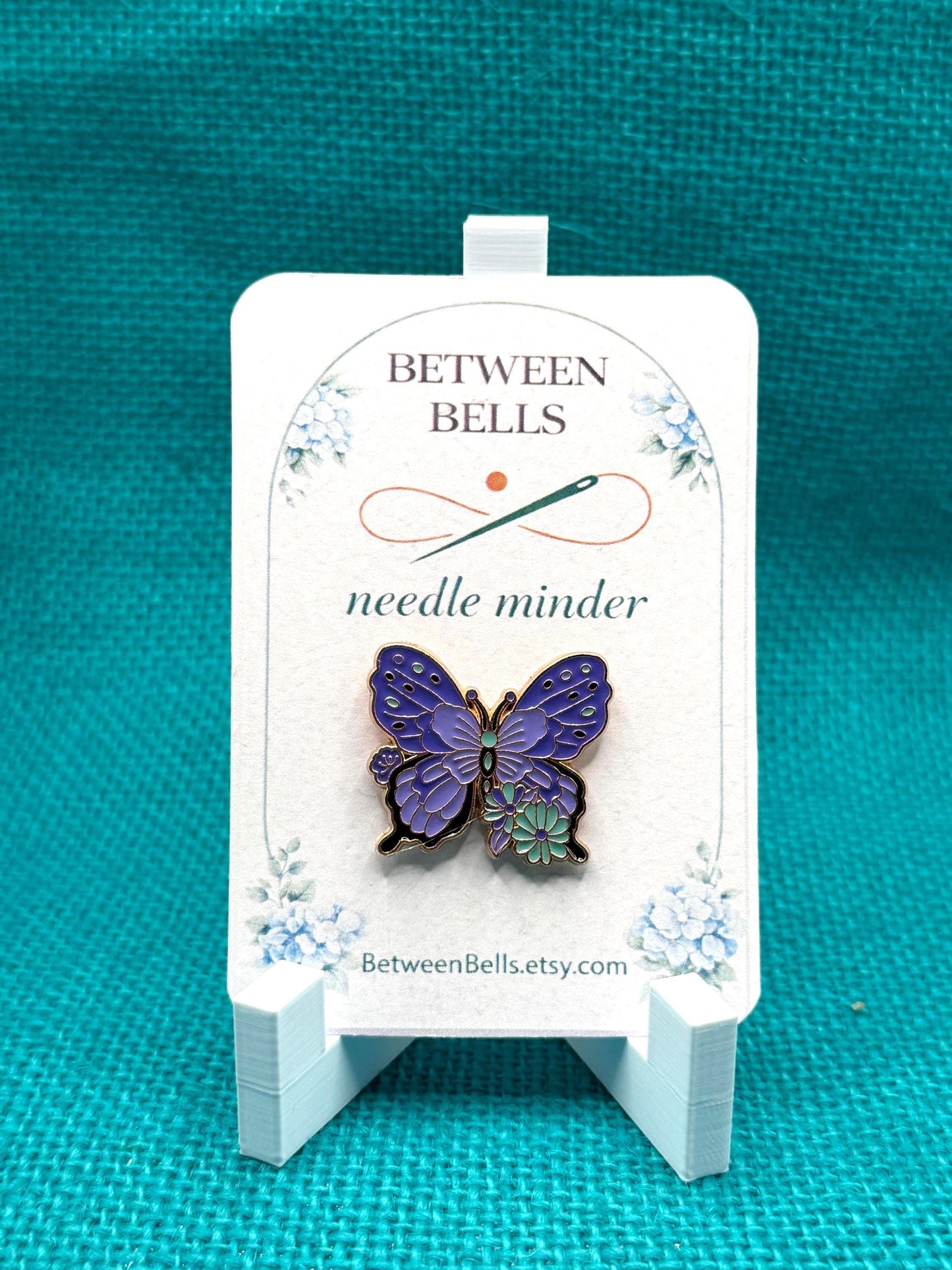 Purple and Teal Butterfly Needle Minder for Needlepoint, Cross Stitch, Embroidery and Sewing