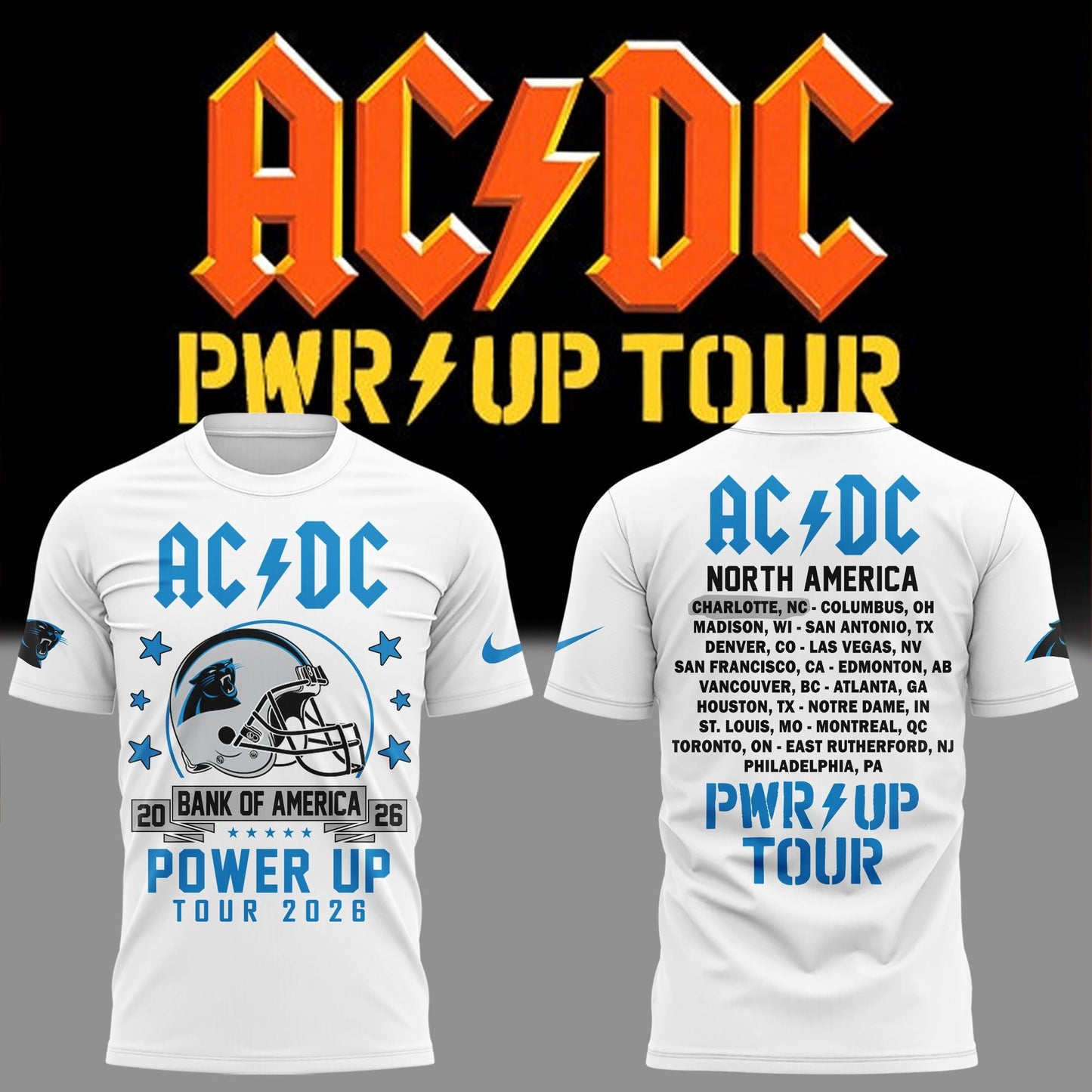 Exclusive 2026 Power Up Tour AC/DC x Carolina Panthers Football White T-Shirt