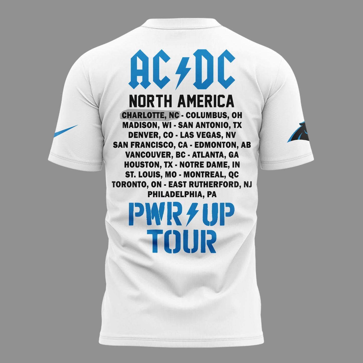 Exclusive 2026 Power Up Tour AC/DC x Carolina Panthers Football White T-Shirt