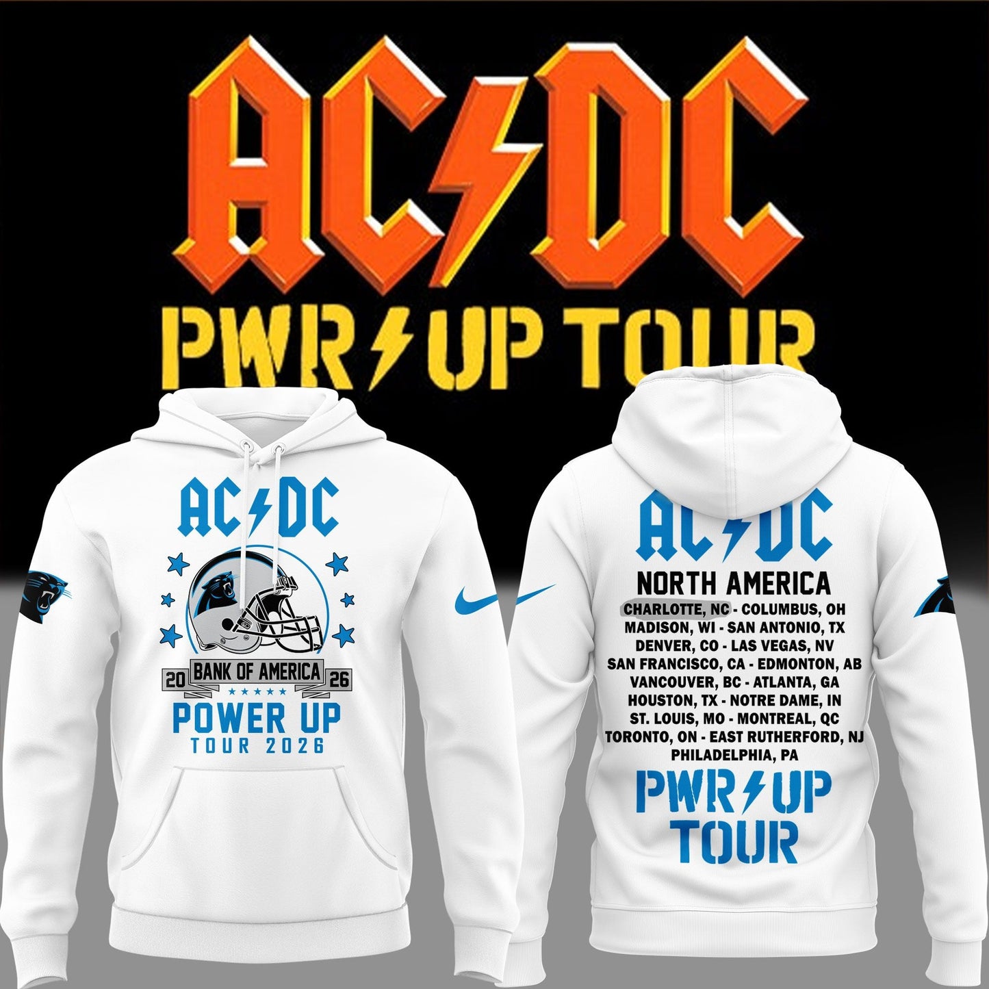 Limited 2026 Power Up Tour AC/DC x Carolina Panthers Football White Hoodie